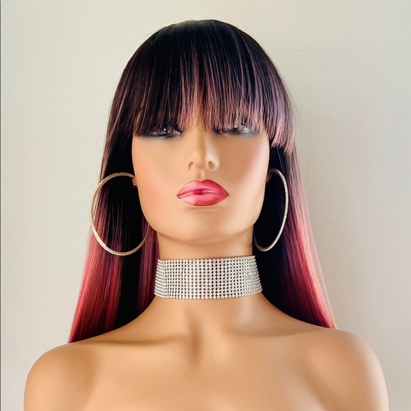 Very Pretty Long Ombre Dark Pink Synthetic Wig with Bangs - Picture 9 of 12
